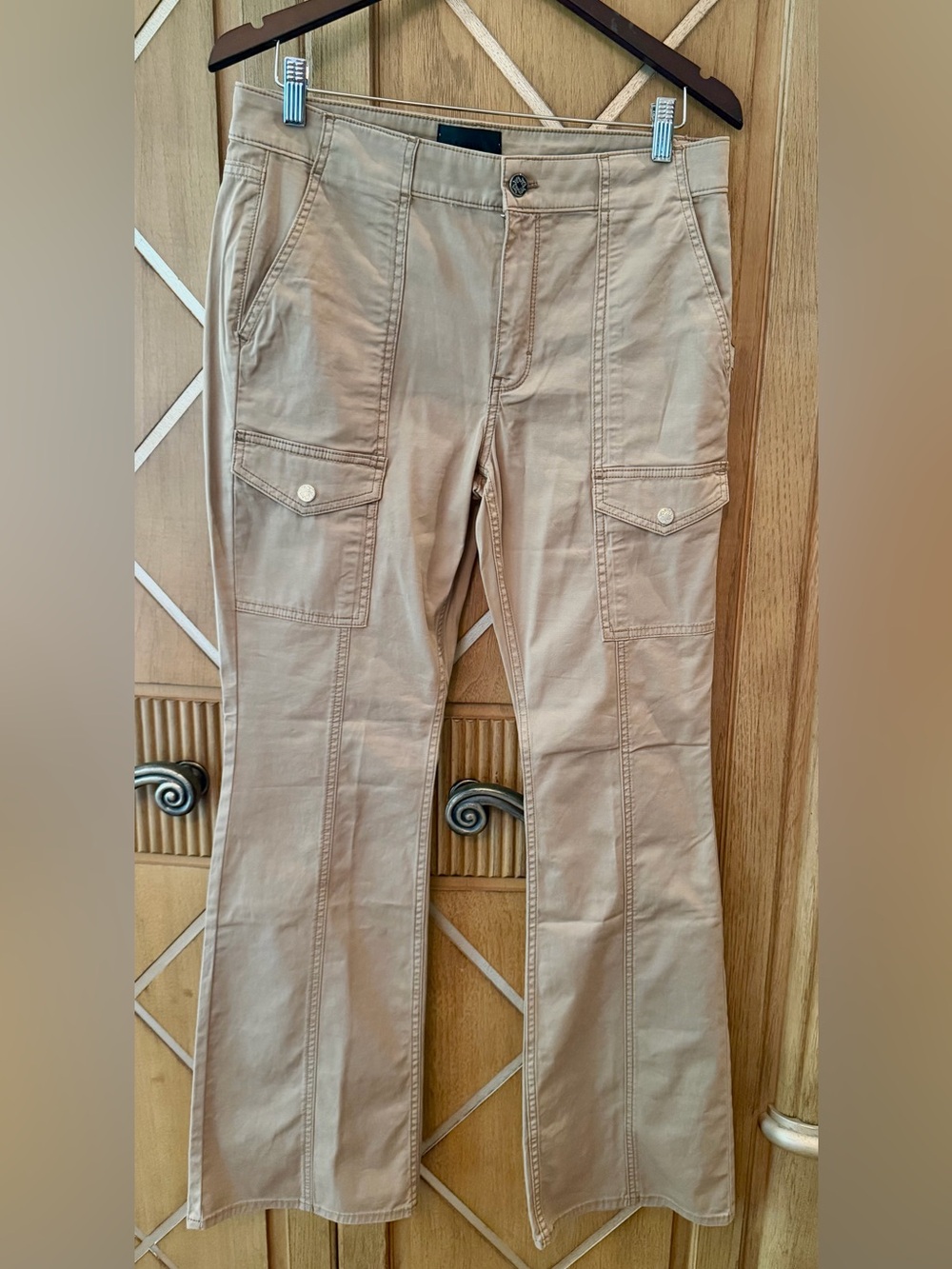 White House Black Market High-Rise Flare Cargo Pants in Tan